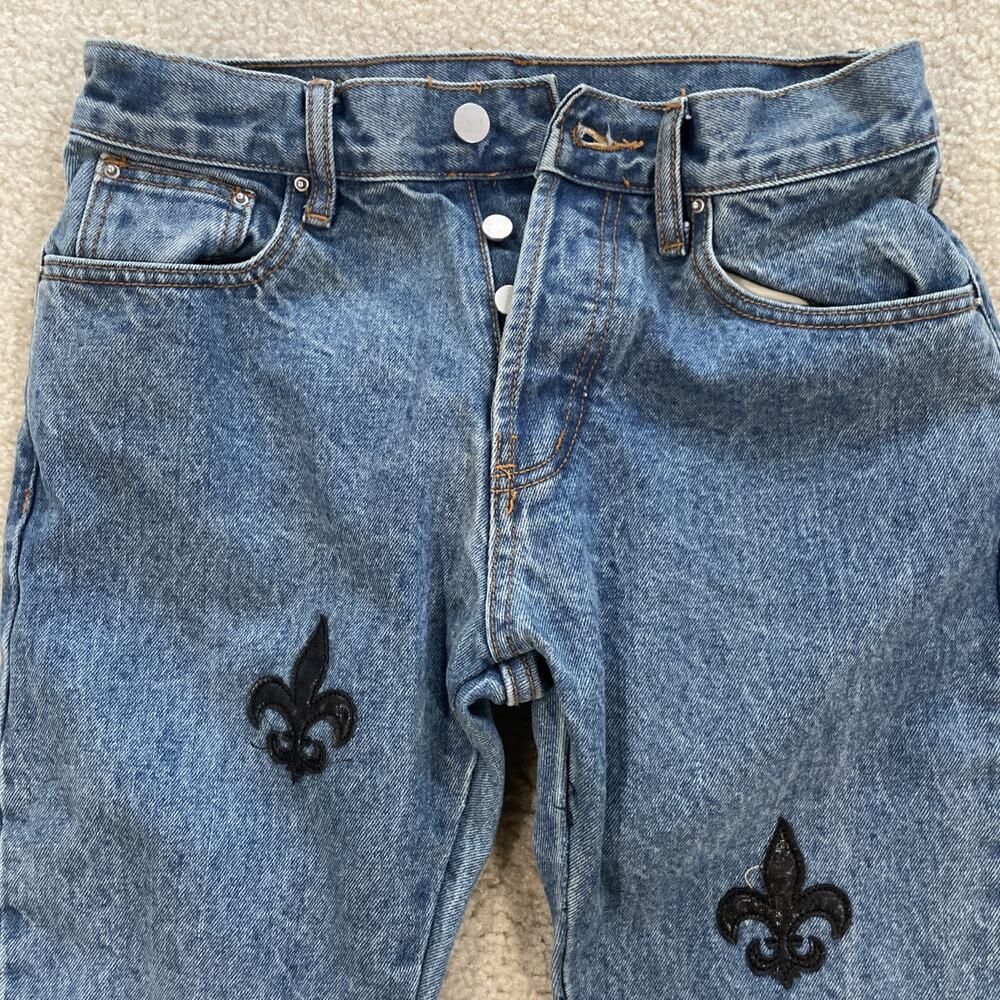 MNML 100% Cotton Blue Jeans w Fleur-de-lis Embroidery Womens Size 29 Rough Hem